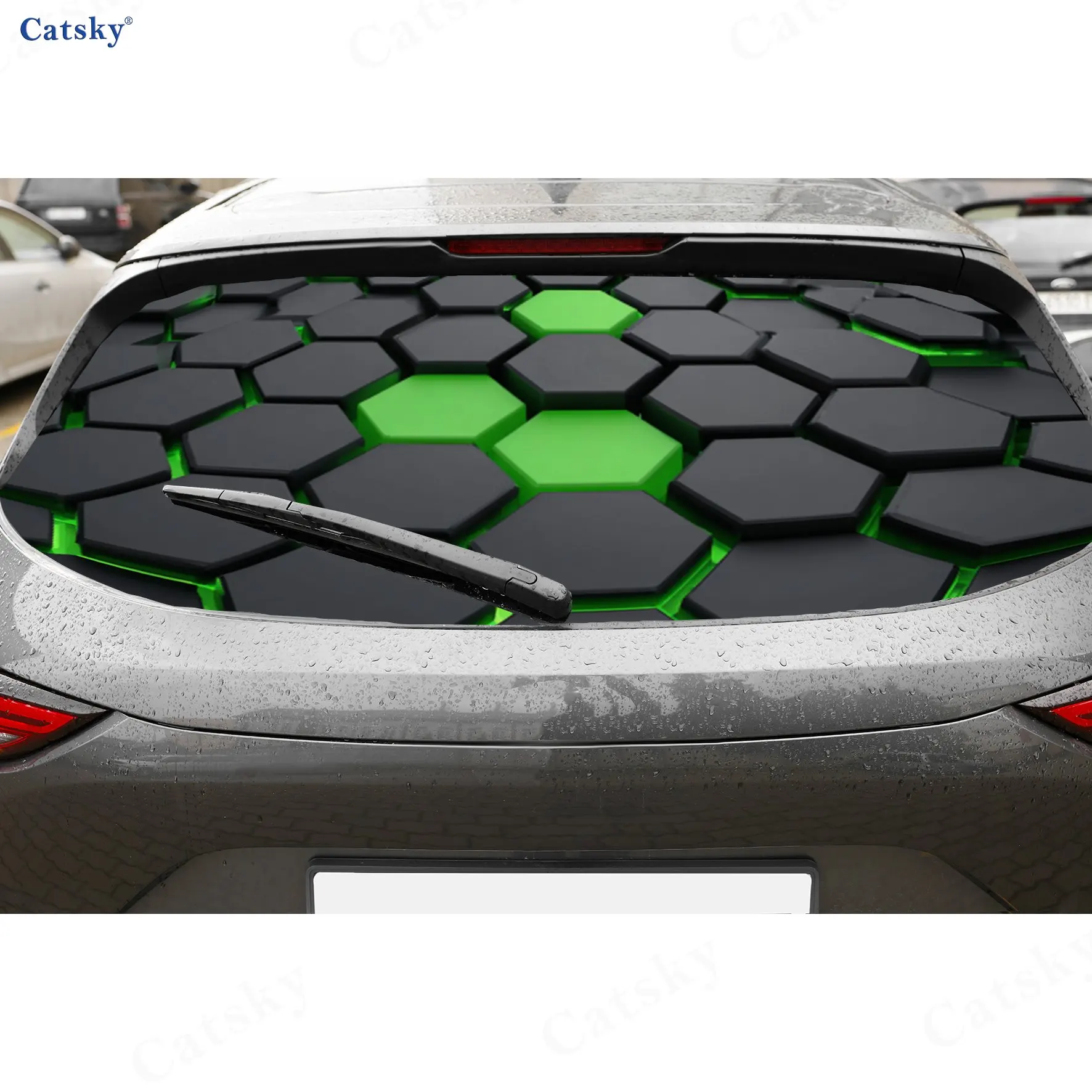 

Black Green Hexagon Tech Style PVC Perforated Car Vinyl Wraps, Durable Car Rear Windshield Sticker, Waterproof Car Rear Window D