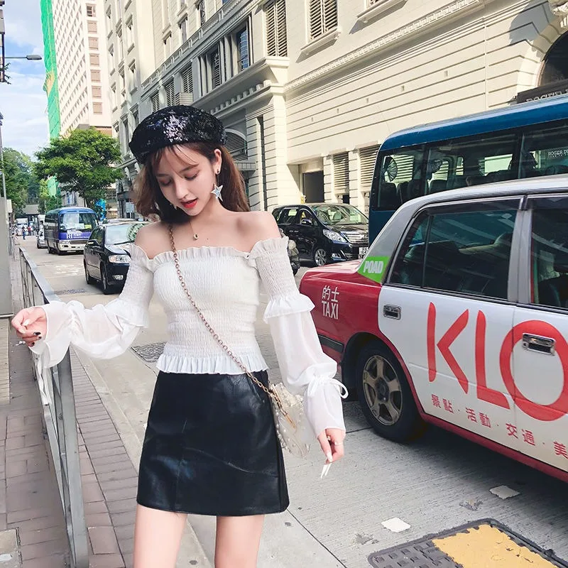 

Fashion 2025 Summer New Korean Style Sexy Fairy Versatile Slash Collar Slim Fit Thin Chiffon Lantern Sleeve Women Top