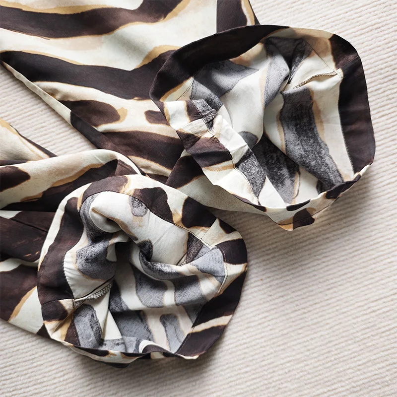 Tutina estiva in seta di cotone con stampa floreale animale da donna intrecciata ort Sve colletto rovesciato pantaloni lunghi a gamba larga a vita alta