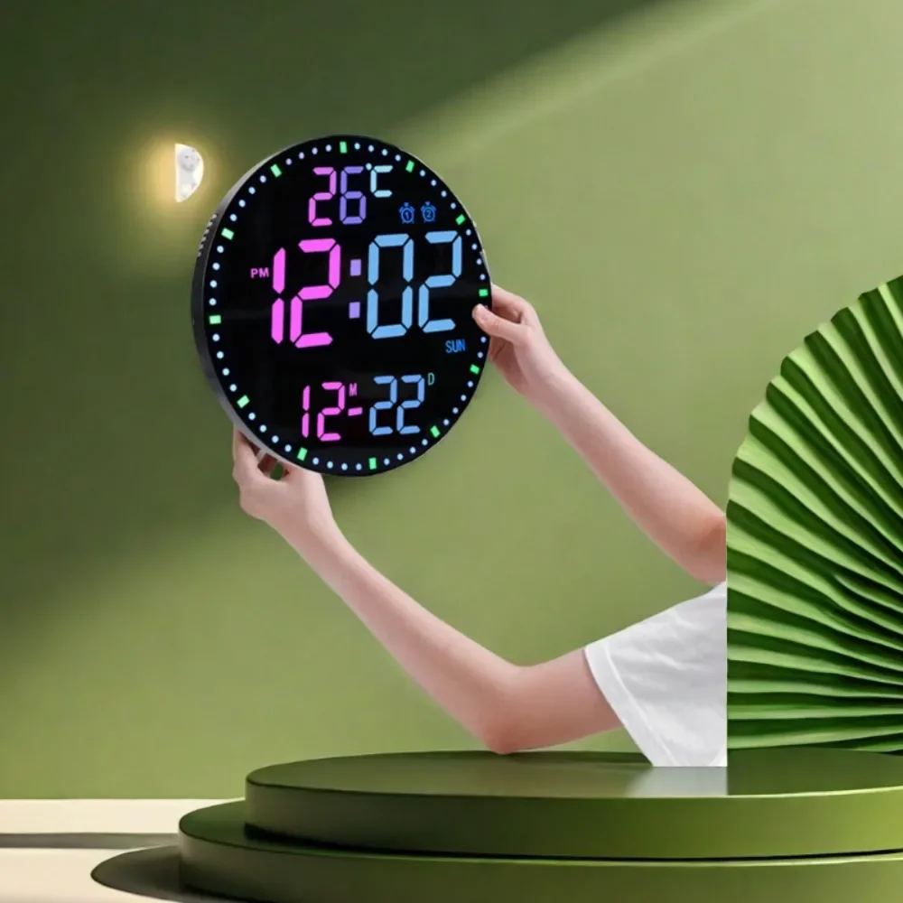 LED Wall Clock Remote Control with Dual Alarms,Calendar and Temperature Display for Home Decoration.Brightness Adjustable