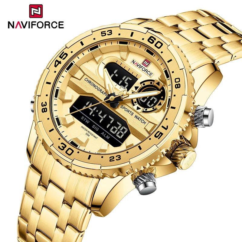 New Style NAVIFORCE Men's Golden Luxury LCD Digital Wristwatches Male Fashion 3ATM Water Resistant Stainless Steel Band Watches