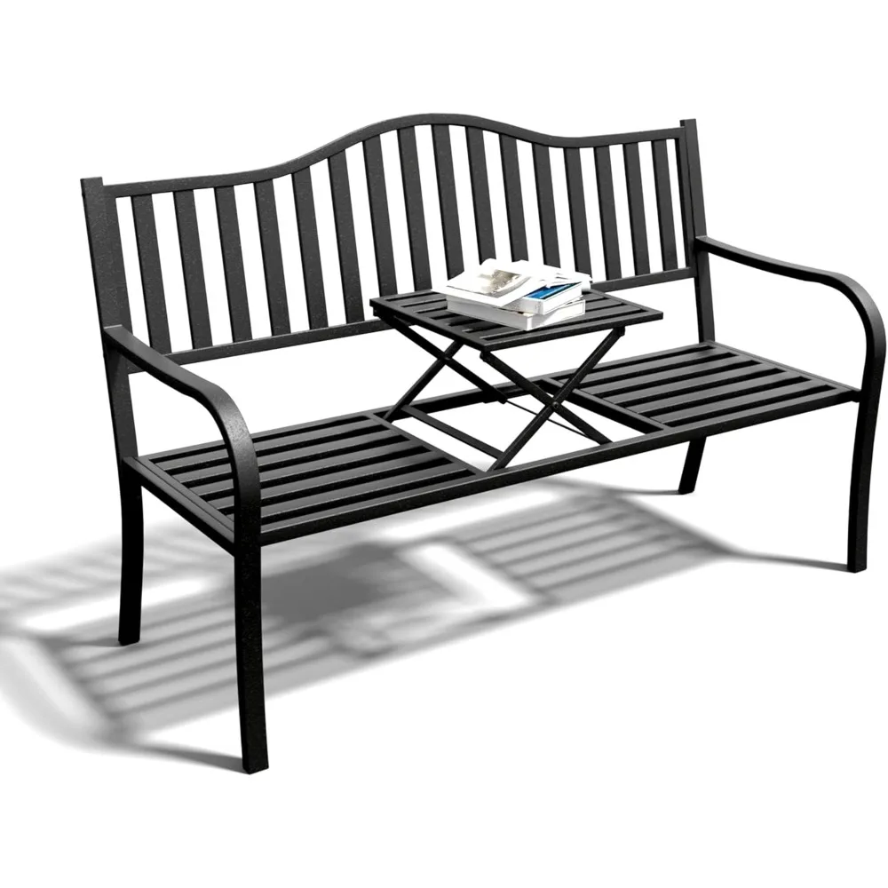 

Outdoor Bench, Garden Bench, Cast Iron Metal Frame Patio Park Bench with a Small Table, for Porch, Lawn, Garden, Yard
