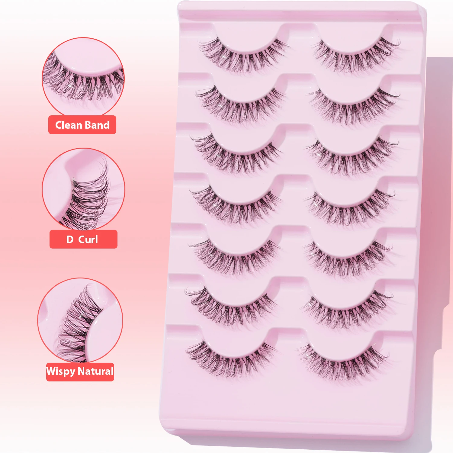 7 Pairs of Natural D Curled Transparent Stem Crossed False Eyelashes