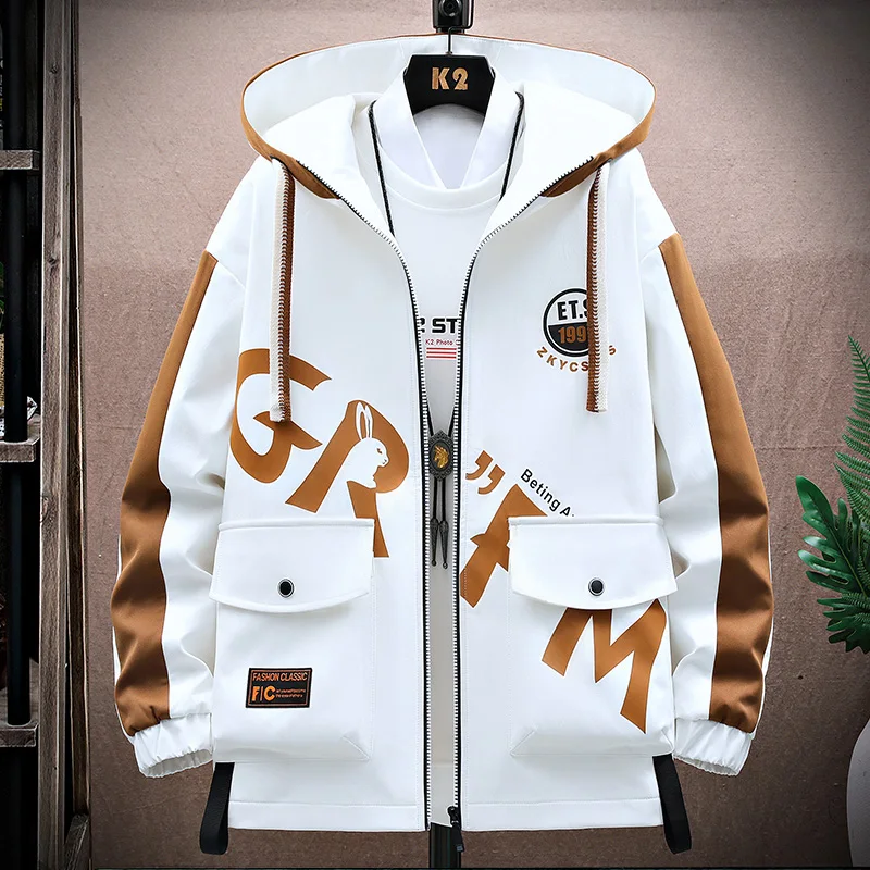 

New 2024 Spring Autumn Men's Casual Hooded Jackets Hip Hop Streetwear Loose Cargo Coats Youth Printed Windbreaker Tops Clothing