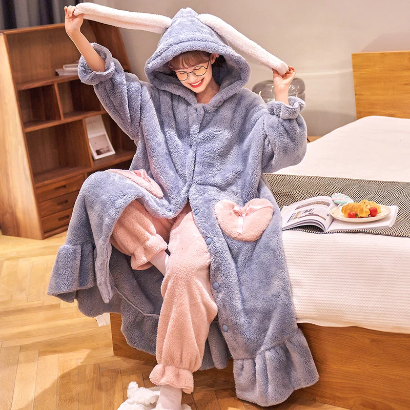 Thicker Women\'s Pajamas Warm Sweet Hooded Nightgown Winter Flannel Kawaii Home Clothes Female Cute Soft Chic Robes 2XL пижама