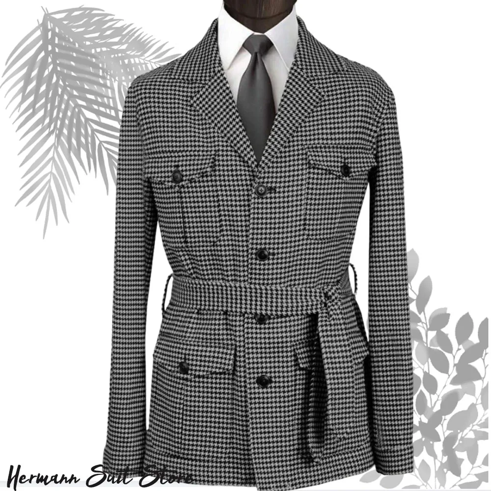 

Unique Business Mens Suits Jacket Designer multi-pocket Suit Blazers plus size custom suit Man Autumn houndstooth Coat