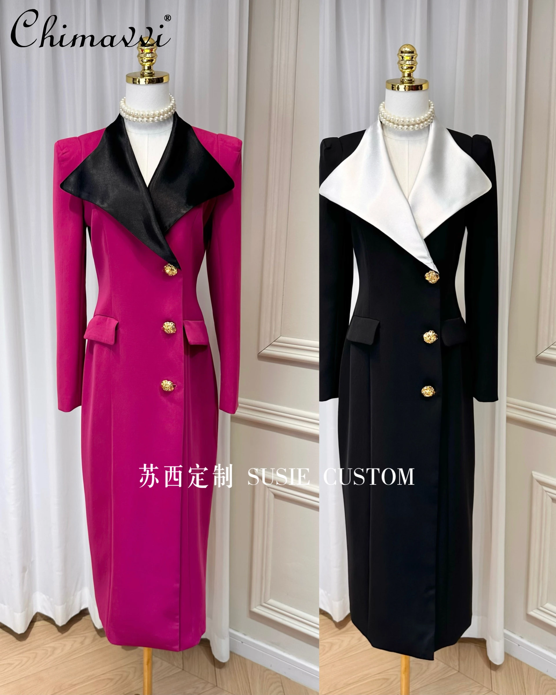 

French Temperament Commuter OL Suit Dress Big Lapel Collar Long Sleeve Gold Buckle Single-breasted Slim Split Long Dress Women