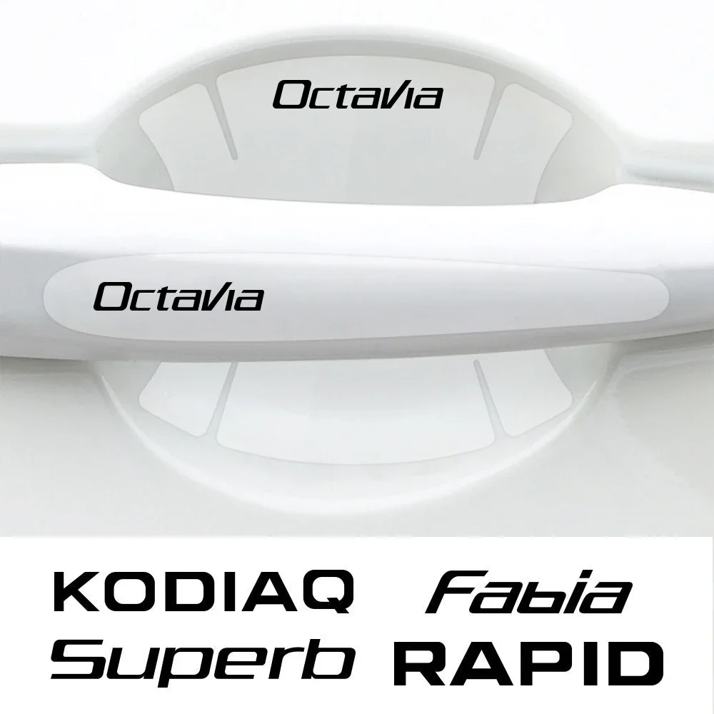 8PCS Car Door Handle Scratch Resistant Stickers Auto Accessories For Skoda Octavia Fabia Rapid Superb Kodiaq Scala Karoq Kamiq