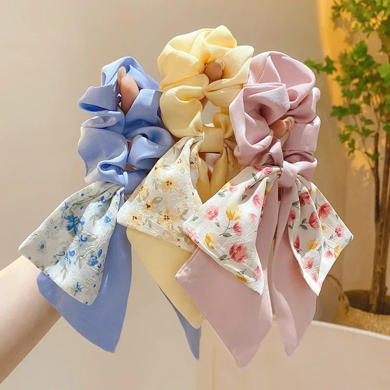 New Floral Print Bow Elastic Hair Bands Women Hair Ties Women Elegant Ribbon Rubber Band Headwear Girls Women  Hair Accessories