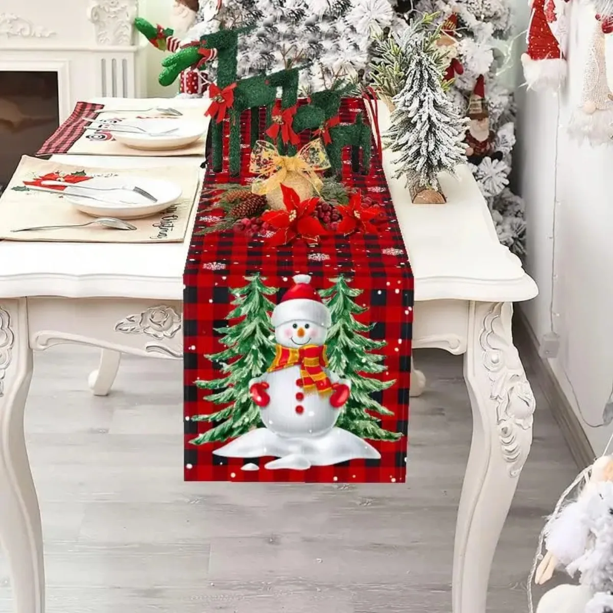 Christmas Snowflake Snowman Linen Table Runners Kitchen Table Decor Reusable Dining Holiday Party Decorations