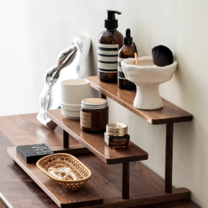 ชั้นวางน้ำหอมและเครื่องสำอางแบบหลายชั้น วอลนัท ชั้นวางจัดระเบียบเครื่องสำอาง ชั้นวางโชว์ผลิตภัณฑ์บำรุงผิว ดีไซน์สวยงามสำหรับวางบนโต๊ะในบ้าน
