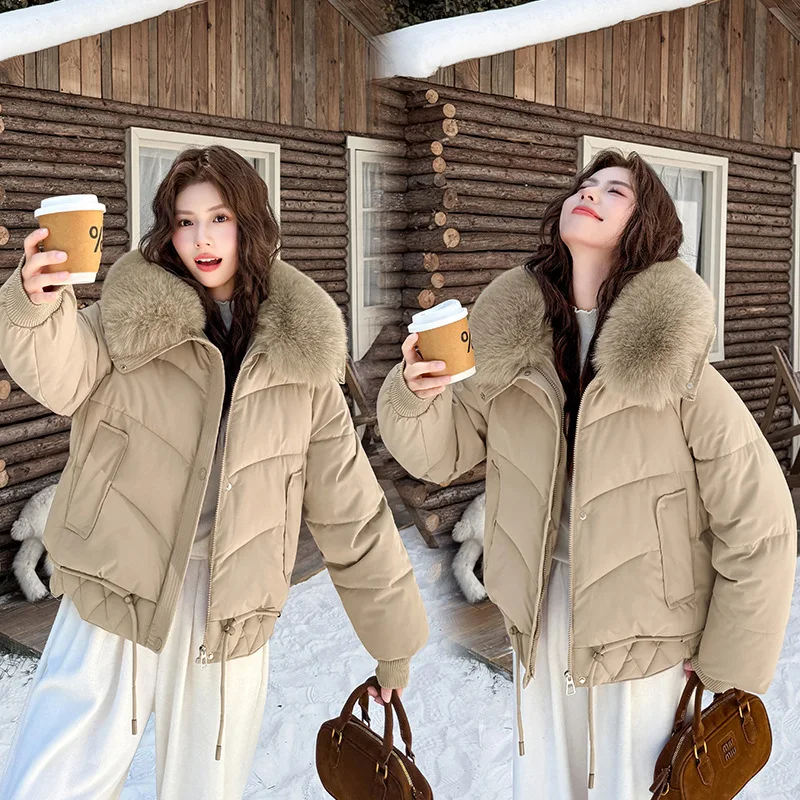 

KIDCRKJ зимняя женская стеганая куртка с геометрическим принтом, меховые карманы с капюшоном и шнурком, женское пальто, элегантное стеганое пальто для женщин