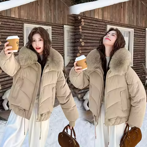 KIDCRKJ Winter Women Quilted Jacket Geometric Print Fur Hooded Pockets Drawstring Female Coat Elegant Padded Coat For Lady