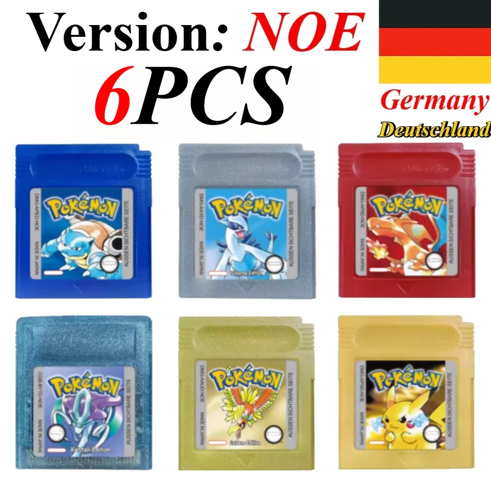 7 Pokémon 16-Bit GBC Spielmodule in Rot, Blau, Grün, Gold, Silber, Kristall, Französische/Spanische/Deutsche/Englische Version