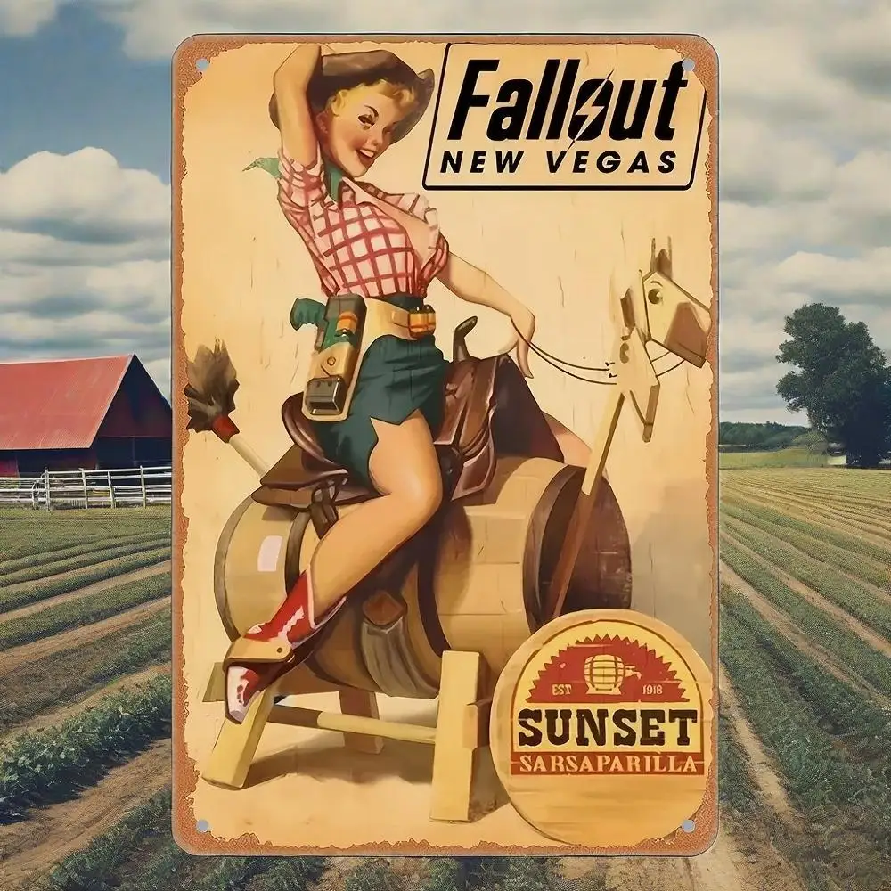 لوحة فنية جدارية "Fallout New Vegas" من القصدير أحذية رعاة البقر الريفية وفن سباق الأسطوانات ديكور حديدي مقاوم للطقس للحانات والنوادي