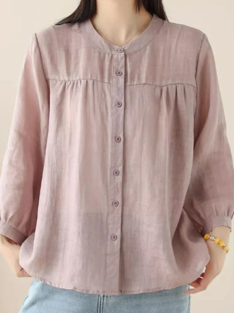 Women Minimalist Style Cotton Linen Seven Quarter Sleeve Stand Up Collar Shirt Versatile Loose Casual Cotton Linen Cardigan Top