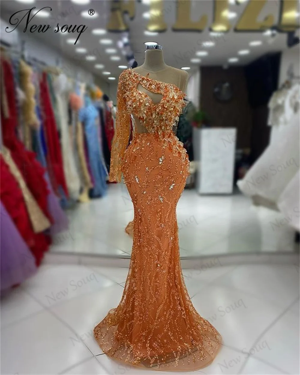 

New Elegant Orange Crystals Wedding Party Dresses Arabic African One Shoulder Formal Evening Gowns Robes Du Soir Pageant Dress