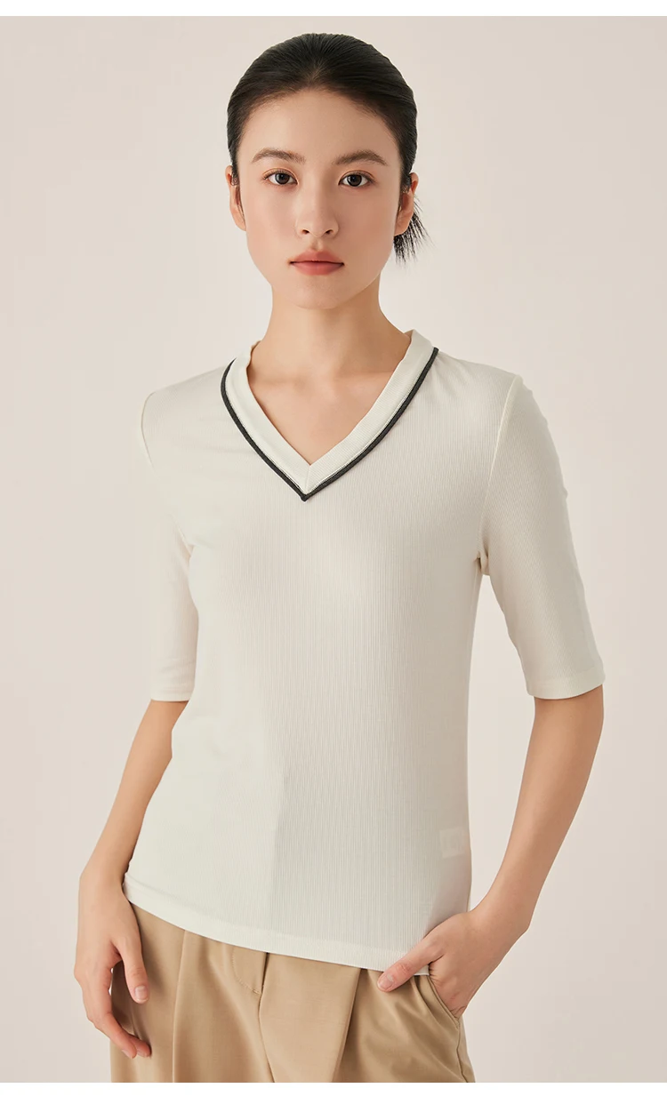 KL7523408 Designer-Stil Damen V-Ausschnitt Strickware Weiche Wollmischung Oberteil Slim Fit Geripptes Kurzarm-T-Shirt – Detail 8