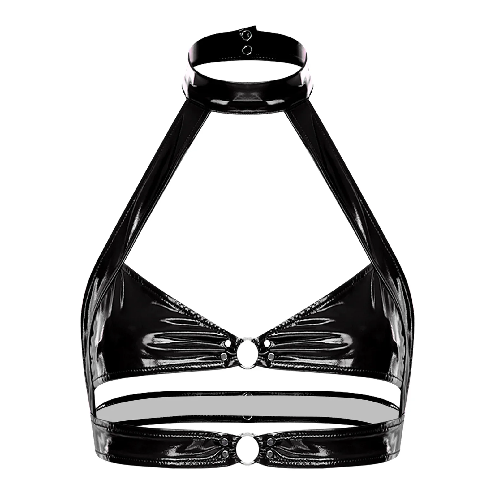 

Womens Glossy Lingerie Bralette Wet Look PU Leather No-pad Latex Bra Chest Harness Bustier Camis Halter Hollow Out Crop Tops