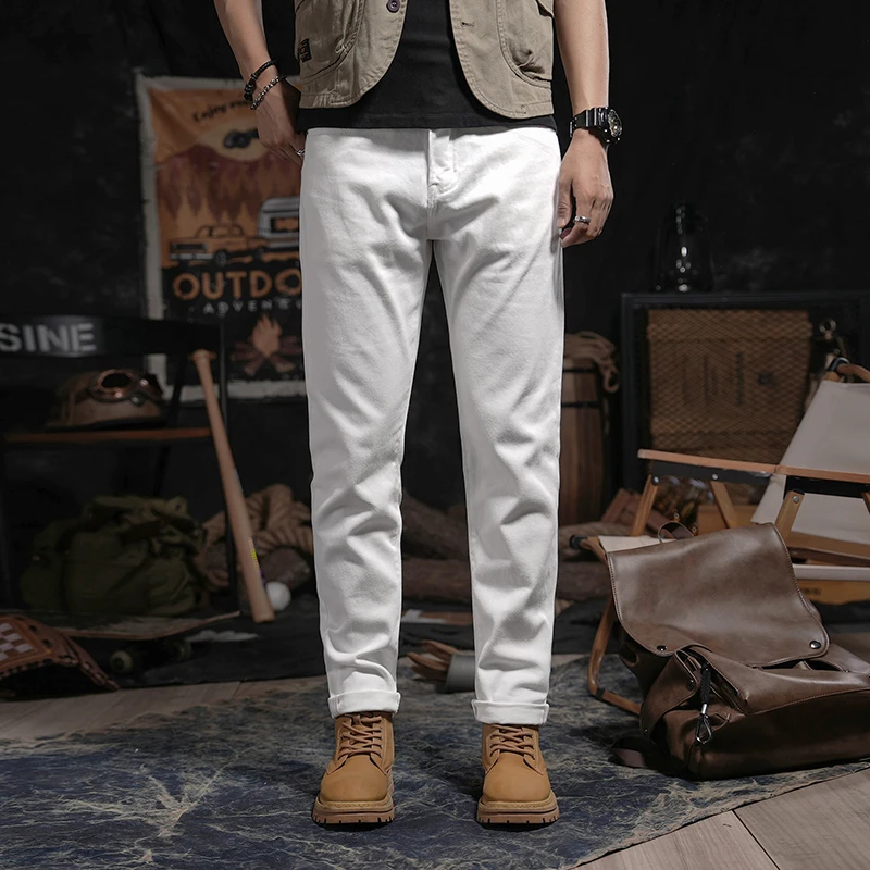 Men's Japanese Red Ear Vintage Denim Pure Cotton White Small Straight Jeans Streetwear Cargo Jeans Pants for Men