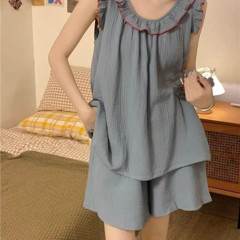 

Корейская пижама в весенне-летнем стиле, милая пижама с бантом, для девочек, с короткими рукавами, брюки, для студентов общежития, домашняя одежда