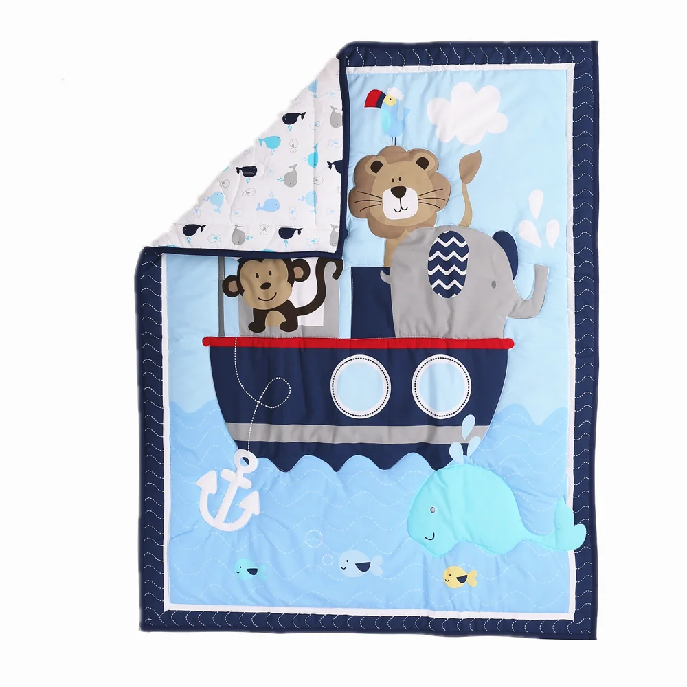 7Pcs Nautical theme Baby Cot Nursery Bedding Sets Toddler Bumpers in the crib (4Bumper Crib Sheet Comforter Crib Skirt)