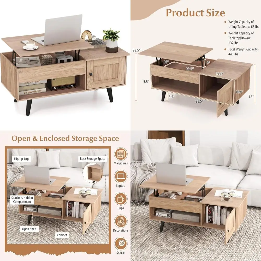 storage coffee table with hidden compartment, living room furniture with cabinet and open shelf, flip top center table