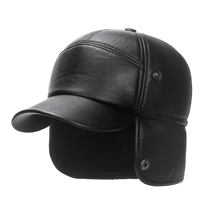 Hat Bomber New Winter Men Women Russian Black Leather Ushanka Cap With Ear Flaps Fur Warm Leather Brand Baseball Cap