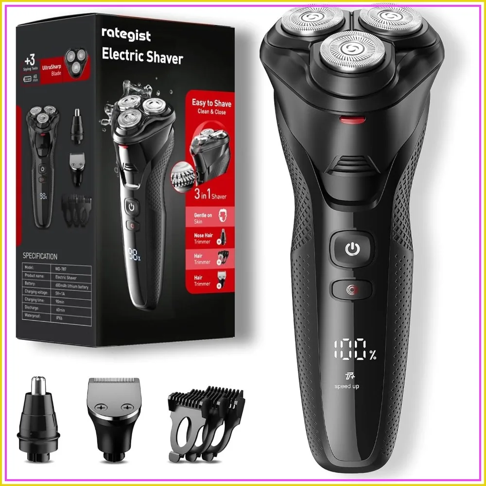

3-in-1 Electric Razor for Men: IPX7 Waterproof, USB-C Rechargeable, Precision Floating Blades - Wet Dry Shaving, Travel Kit, Beard, Nose & Sideburns