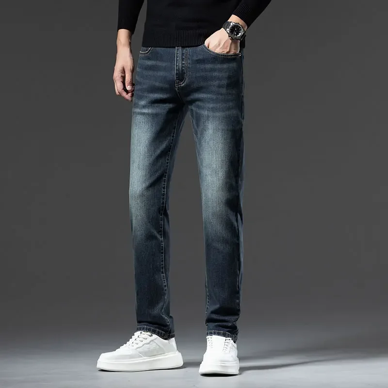 2024 Autumn Elastic Jeans Retro Nostalgic Men's Straight-fit New High-end High-quality Denim Double-core Cotton  Trousers