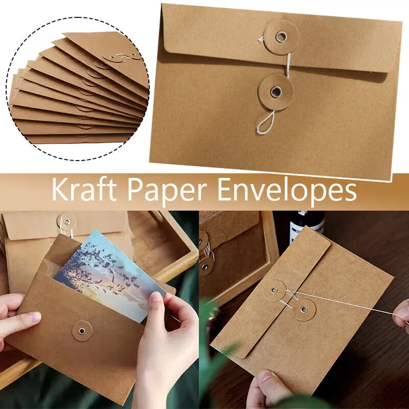 10pcs Kraft Paper Envelopes with Button String Tie Greeting Cards Letter Cover Multifunctional Paper Envelope Card Envelopes