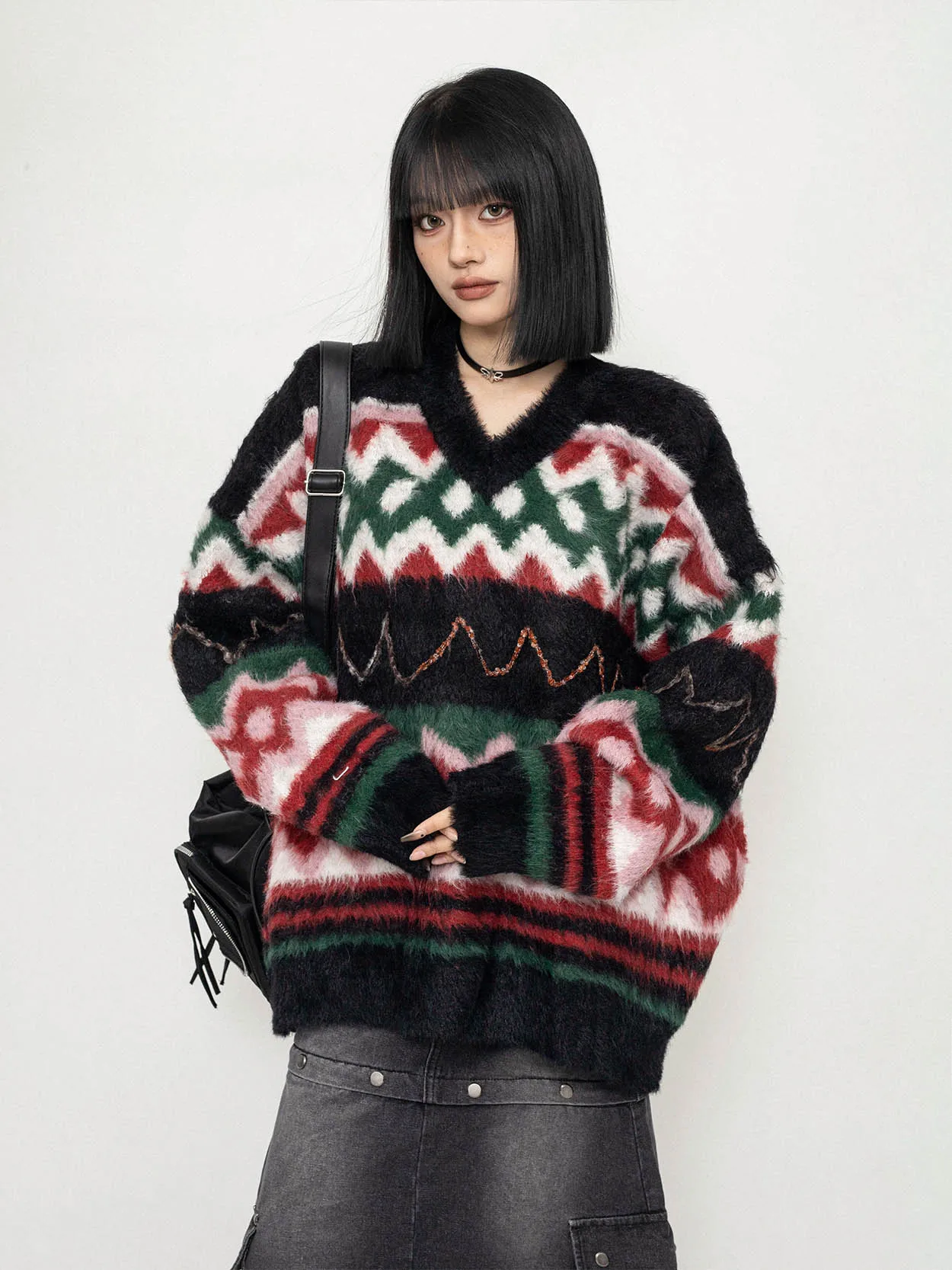 

ZEROSTORE Women's Thiened V-Ne Knitted Sweater Loose Fit Autumn Winter New Sle Red Aosphere Sweet Sle Full Length