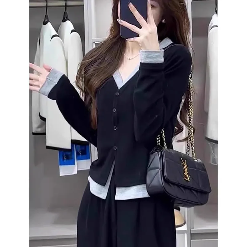Black Long Sleeve V-Neck T-Shirt Women's Spring Autumn New Style plus Size Fat MM Base Shirt Easy to Wear Slimming Open Cardi...