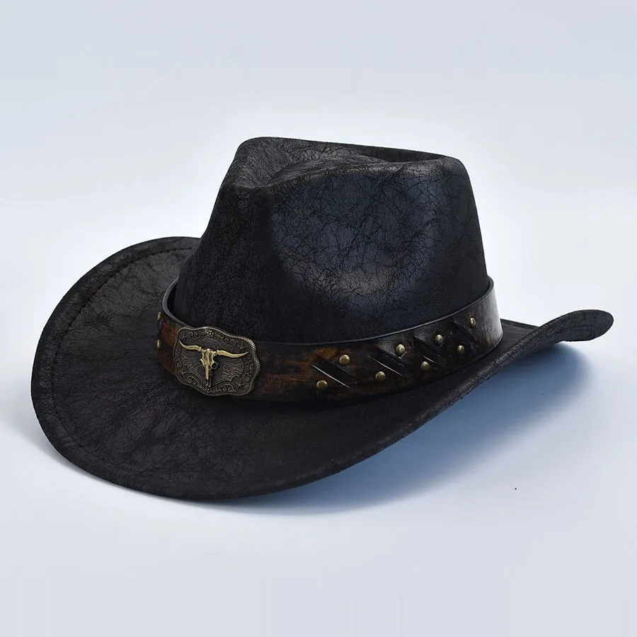 Men Women Western Cowboy Hats Faux Leather Vintage Gentleman Cowgirl Jazz Hats Sombrero Hombre