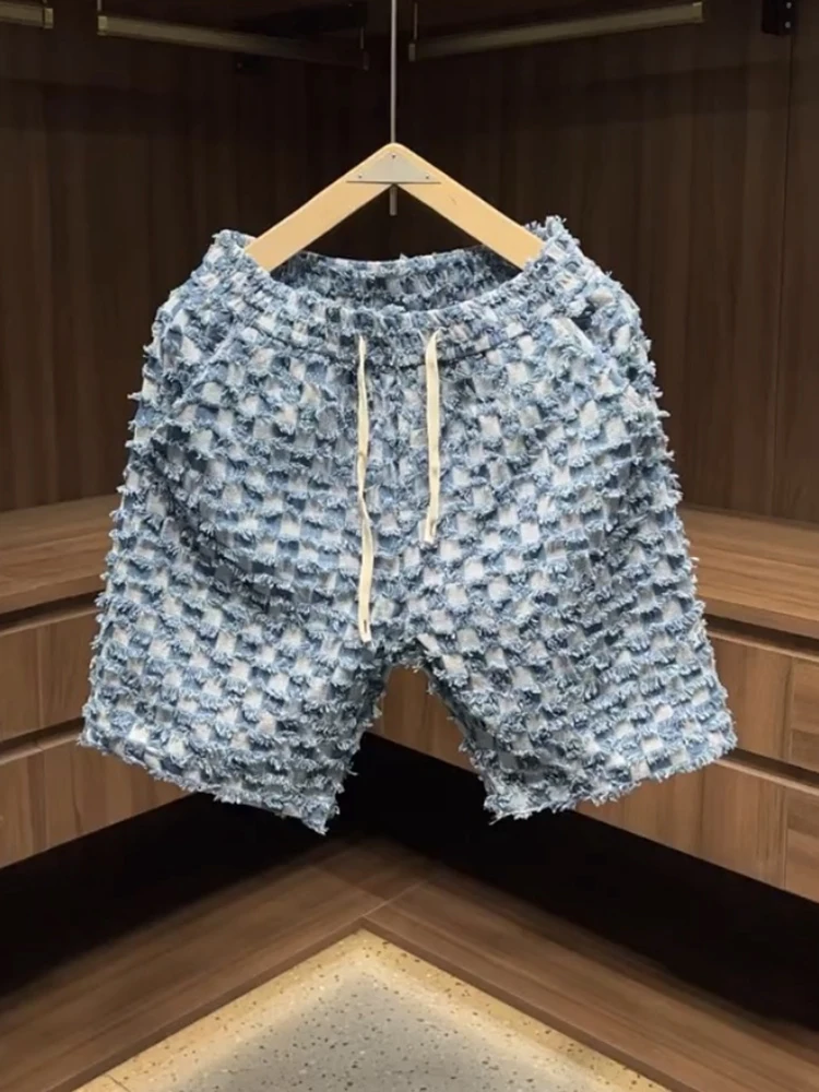 

Summer New Plaid Denim orts Trendy Versatile Loose Five-Point Casual Beach Sports Pants Straight Leg Cotton Polyester Blend