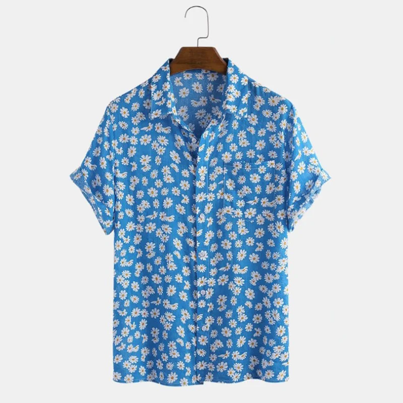 New2023 Summer Hawaiian Shirts for Men Daisy Floral Print Lapel camisa masculina Button Up Short Sleeve Shirt