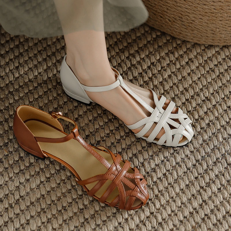 2026 new summer women sandals natural leather 22-25cm cowhide+sheepskin+pigskin cross-tied ankle-buckle women shoes fashion