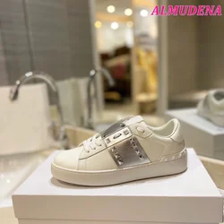 Casual Dress Rockstud White Leather Sneakers Soft Lace up Flats Big Size Women's Summer New in Luxury Designer Sports Shoes