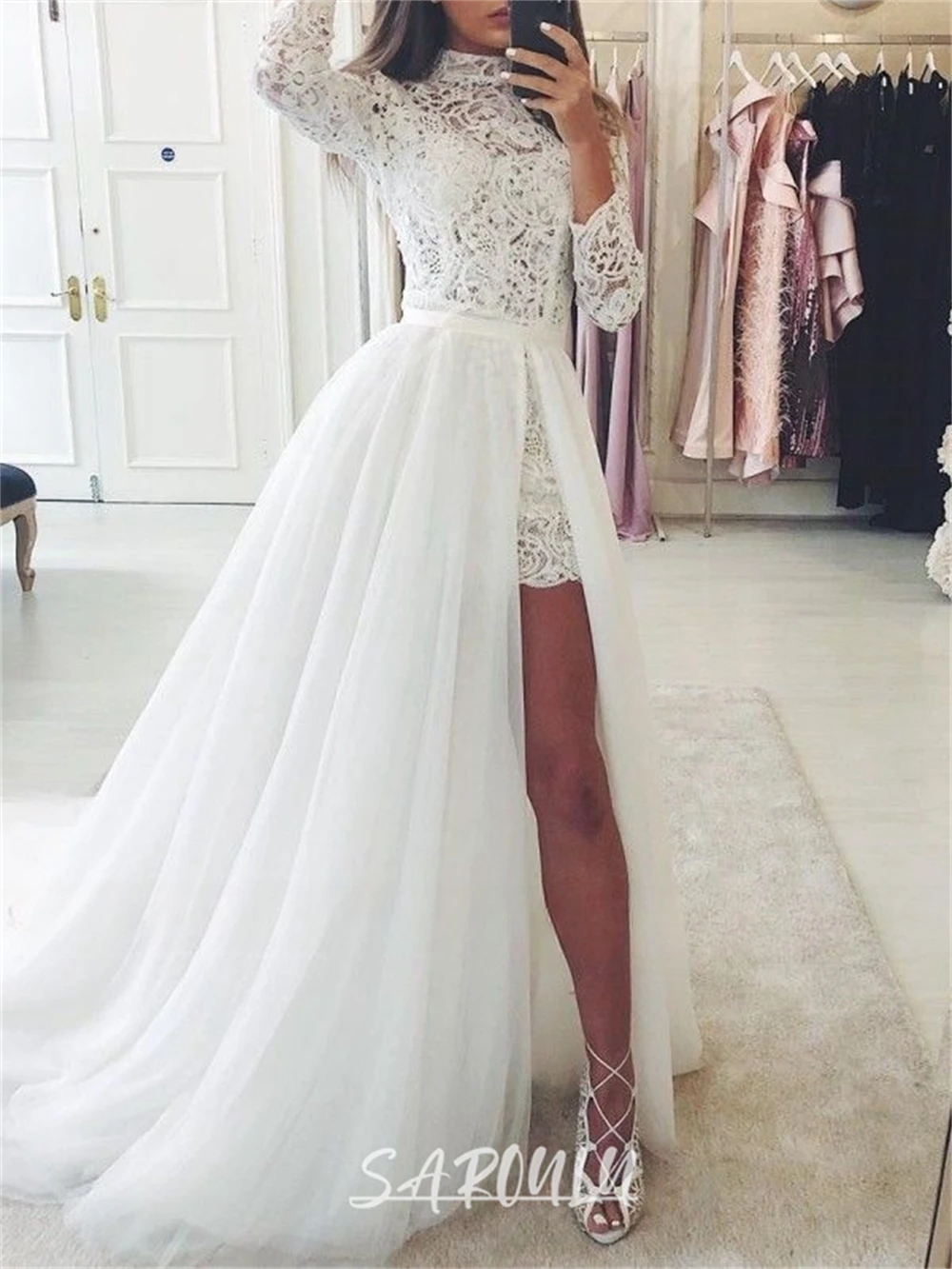 High Neck Lace Morden Wedding Dress Customized Detachable Tulle Train Full Sleeves Short Mini Bridal Gown