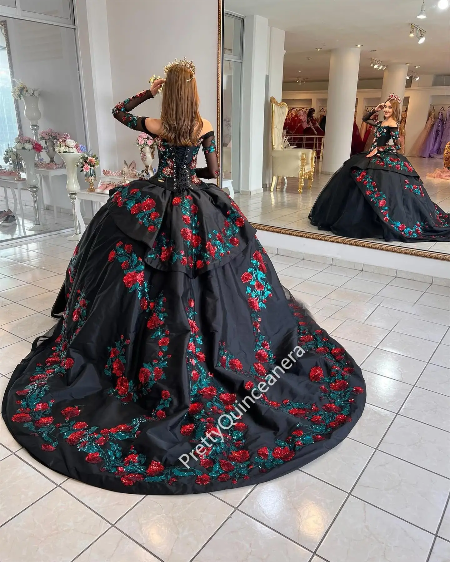 Black Off Shoulder Long Sleeves Tiered Quinceanera Dresses Rose Pattern Sequin Lace Up Corset with Train Vestidos de Quinceañera