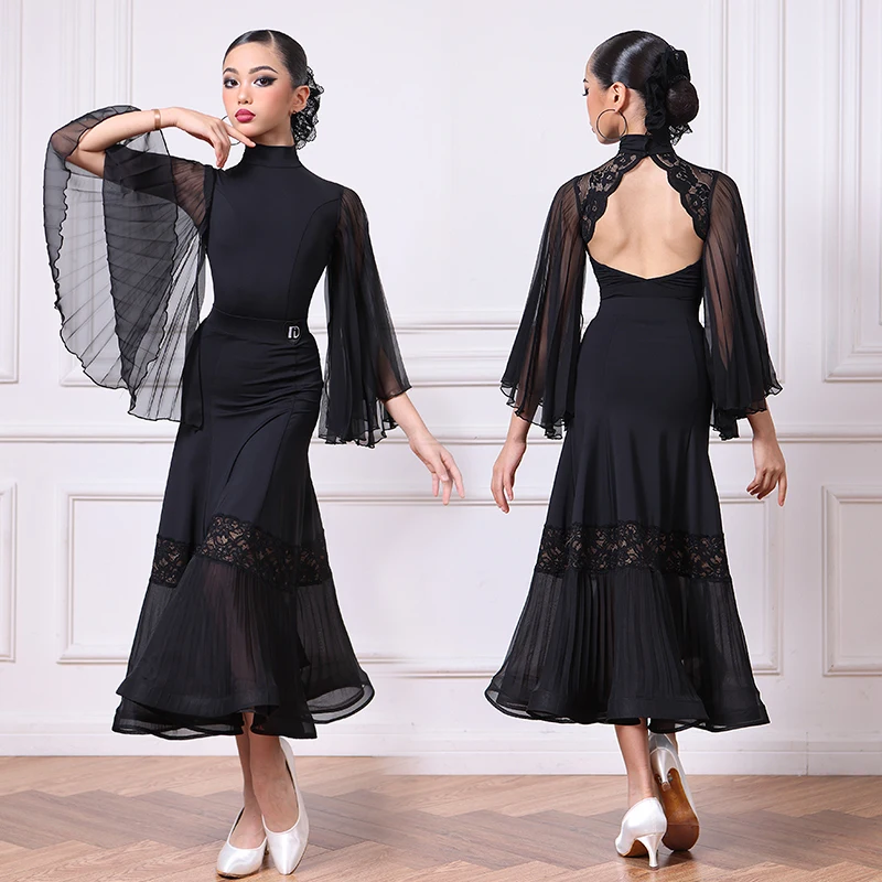 

Girls Ballroom Dance Dress Waltz Tango Modern Dance Competition Costume Black Standard Dancing Performance Stage Clothes AMY1136