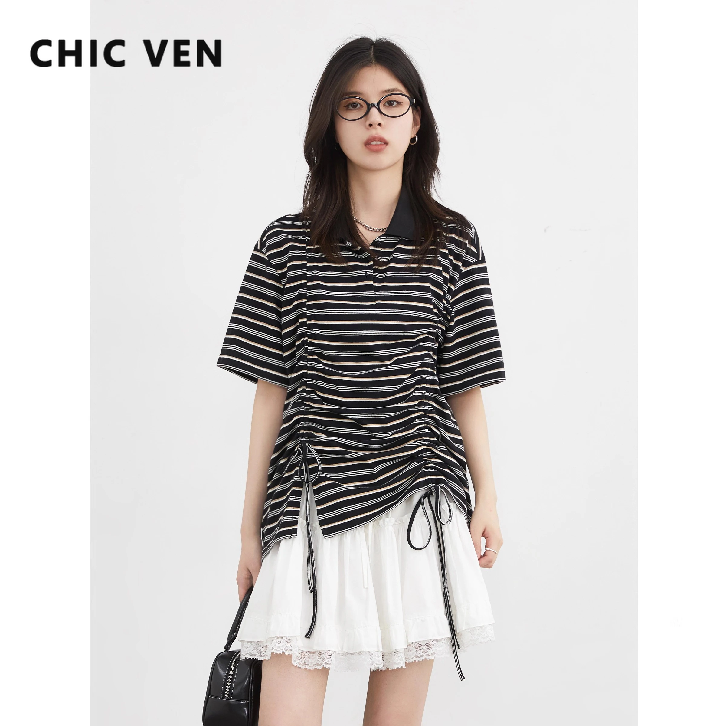 CHIC VEN Women T-Shirts Slim Pullover Short Sleeve New Contrast Stripes Pleated Tees Female Top for Girl Spring Autumn 2026