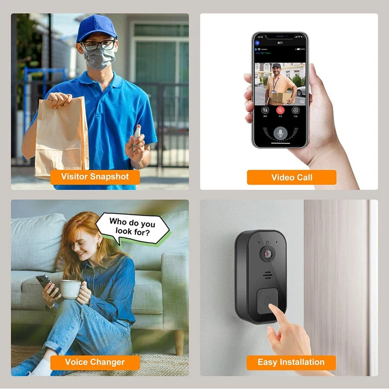Sonnette vidéo intelligente sans fil avec caméra, sonnette intelligente, installation facile, prise en charge WiFi 2.4G, noir