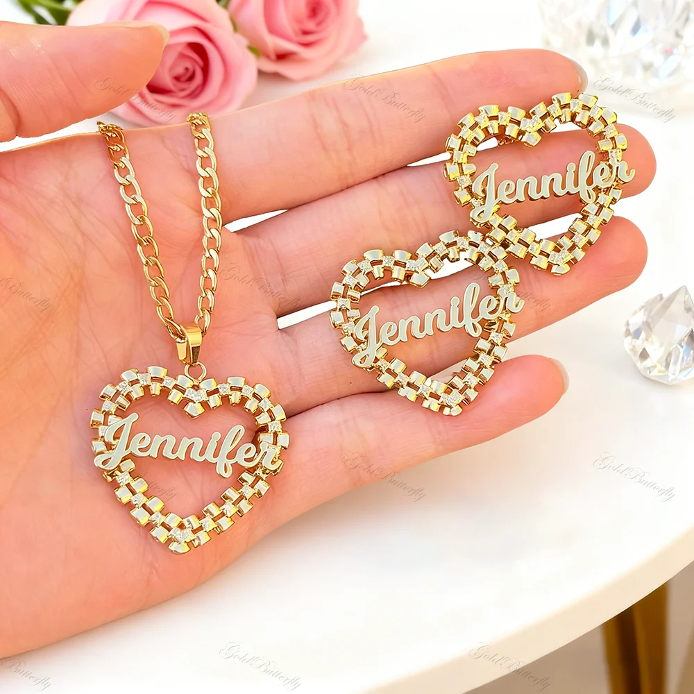 

Personalized Name 3Pcs Jewelry Set Custom Heart Link Bracelet Earrings Pendant Gift for Women Valentines Day Romantic Jewelry