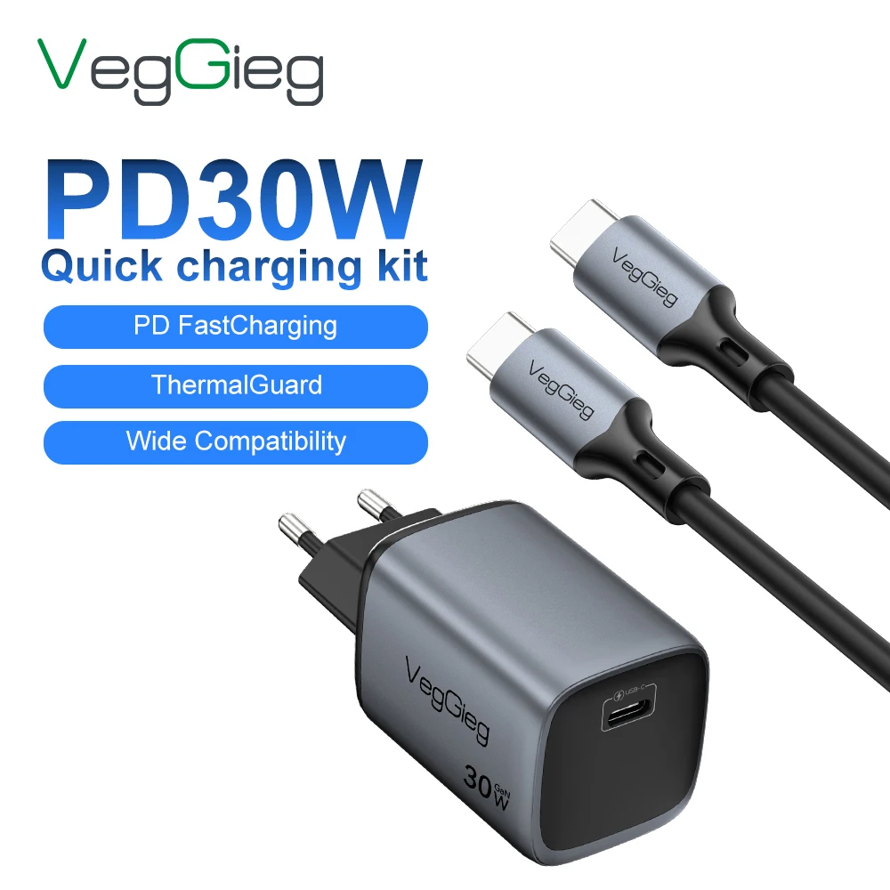 veggieg-30w-gan-pd-usb-c急速充電器、usb-c-to-usb-cケーブル付き、ミニポータブル電源アダプター、スマホ、ノートパソコン、タブレット対応、euプラグセット