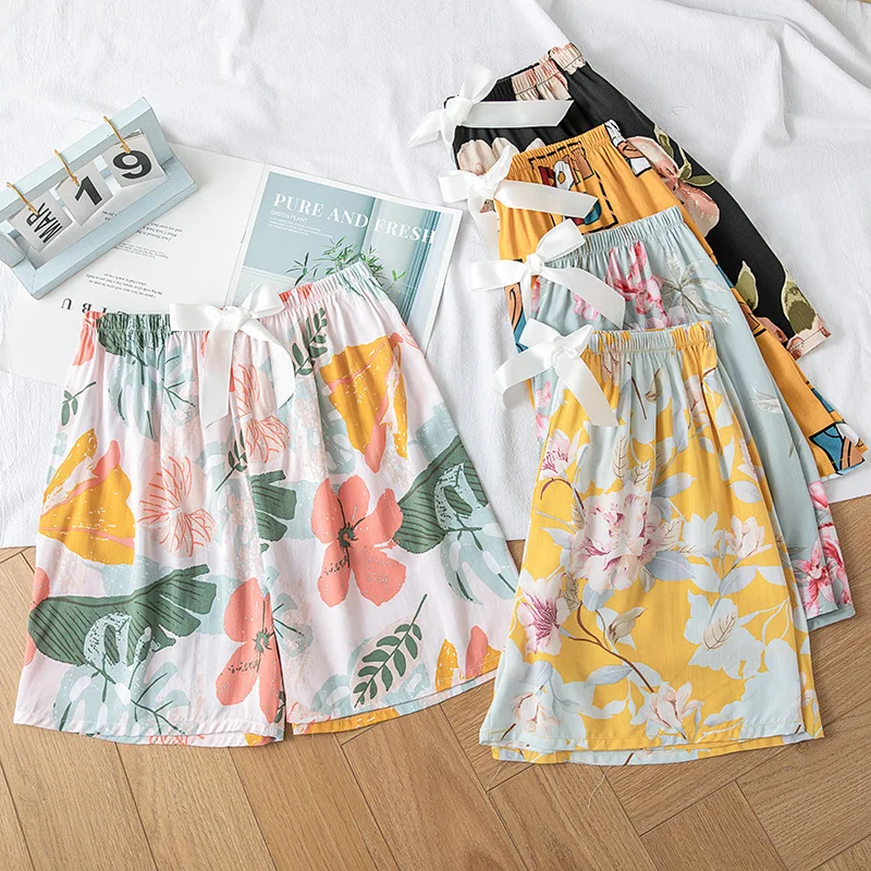 Summer Thin Wide Leg Cotton Silk Sleepwear Shorts Women's Home Pants Artificial Cotton Outerwear Large Size Comfortable Pants
