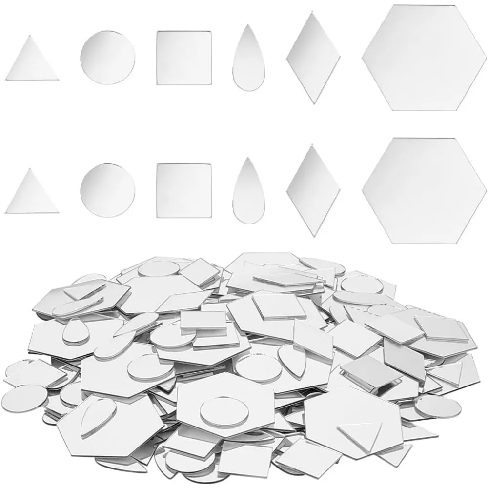 

300pcs 6 Shapes Silver Mirrors for Crafts Self Adhesive Mirror Tiles Acrylic Craft Mirror Stickers Small Mirror Making Kit