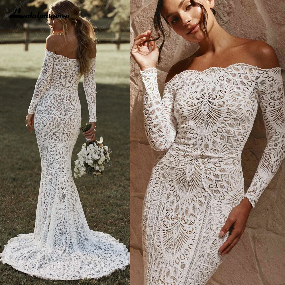 Lakshmigown Boheme Mermaid Boho Wedding Dress Long Sleeve Boat Neck Lace Bridal Gown Vestido de Noiva trouwjurk