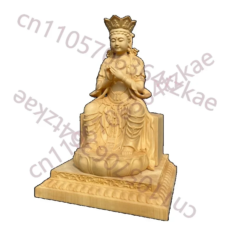 Hand Carved Hinoki Wood Tianguan Maitreya Buddha Statue Figurine Crowned Laughing Happy Buddha Ornament Home Temple Altar Decor