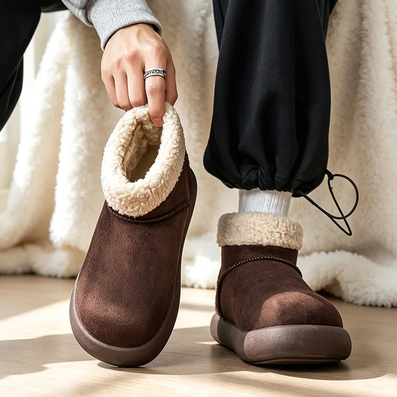 Men's snow boots for autumn and winter, with added fleece and thickened insulation, warm cotton shoes for both men and women, outdoor warm fur short boots with thick soles, height-increasing and non-slip view 2